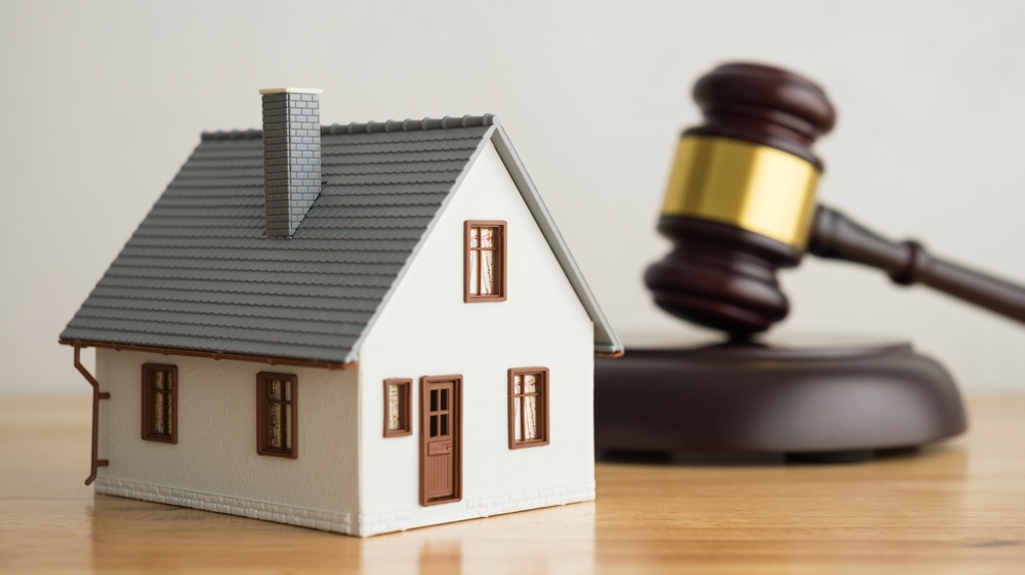 A lego-type house on a table with a gavel in the background 