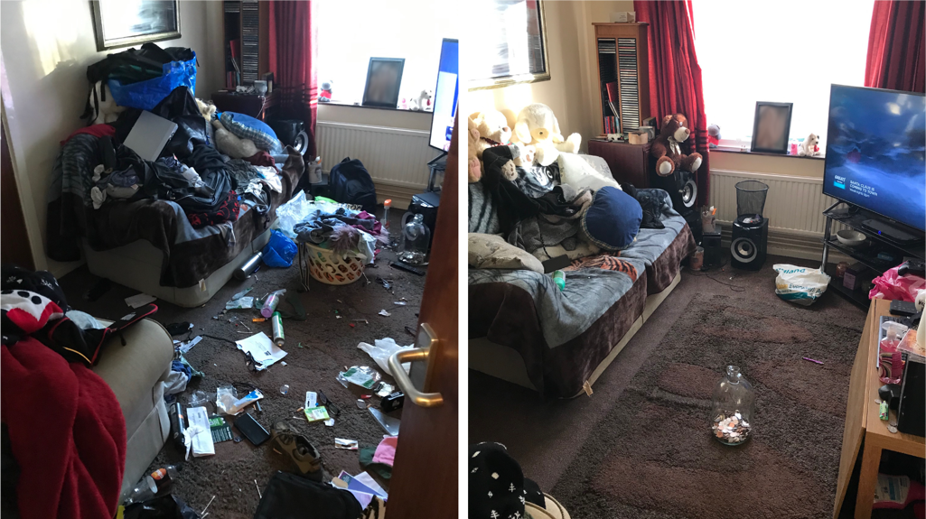 Before and after images of a living room, before showing it cluttered and after showing it tidy.